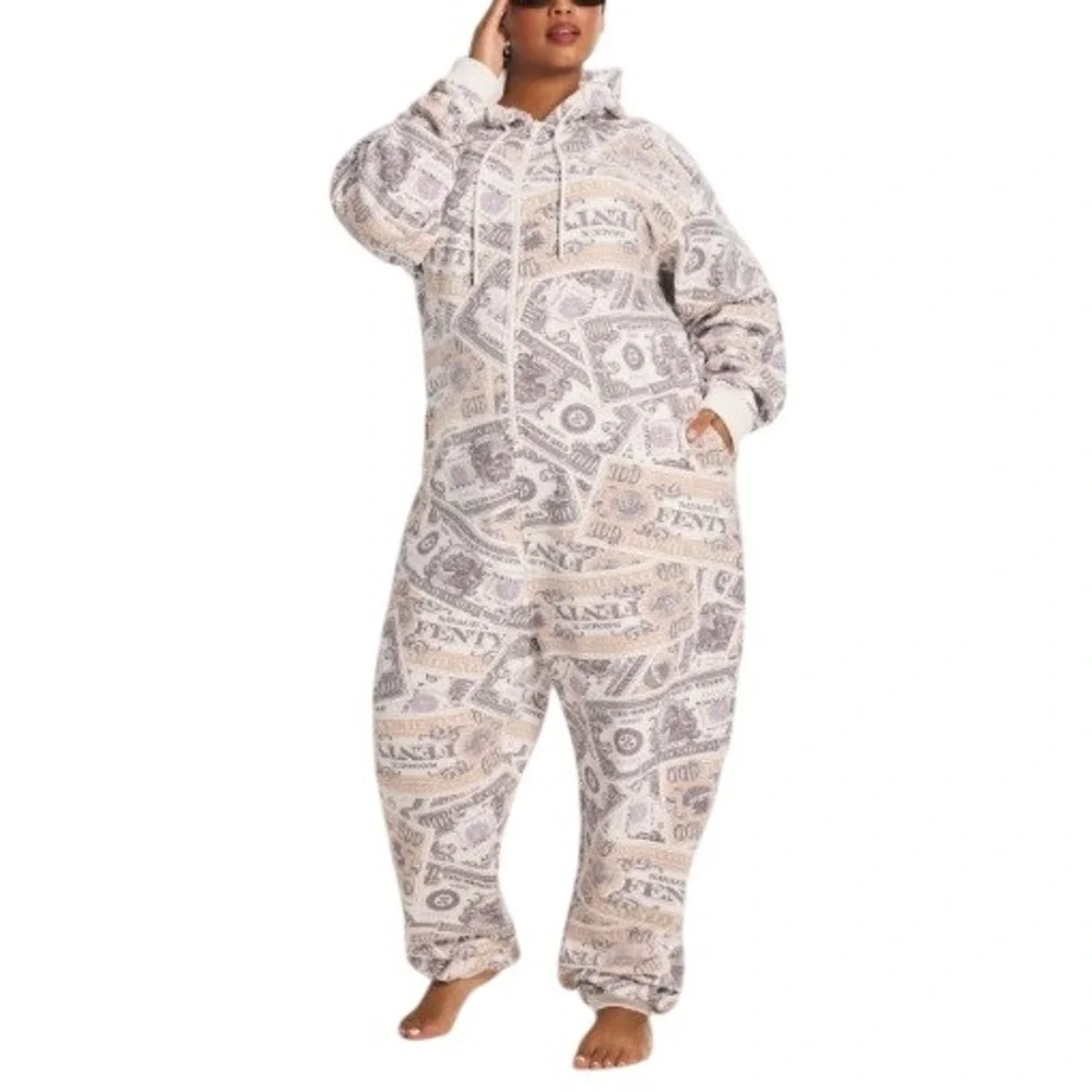 Savage X Fenty Forever Savage Hooded Onesie 1X Money Print‎ Pajamas Jumpsuit
